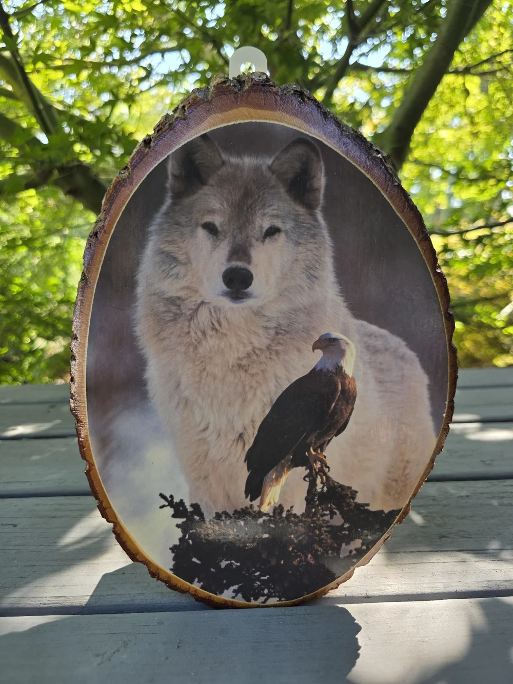 Wood Slice Wall Cabin Art with Wolf and Eagle